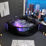 Wirujące dysze Czarna wanna z hydromasażem EGX-015 narożna 150cmx150cmx65cm spadające SOPLE LEDowe HIT!